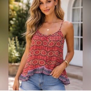 Patrons of Peace Double Layered Ruffled Floral Print Spaghetti Strap Tank Top.